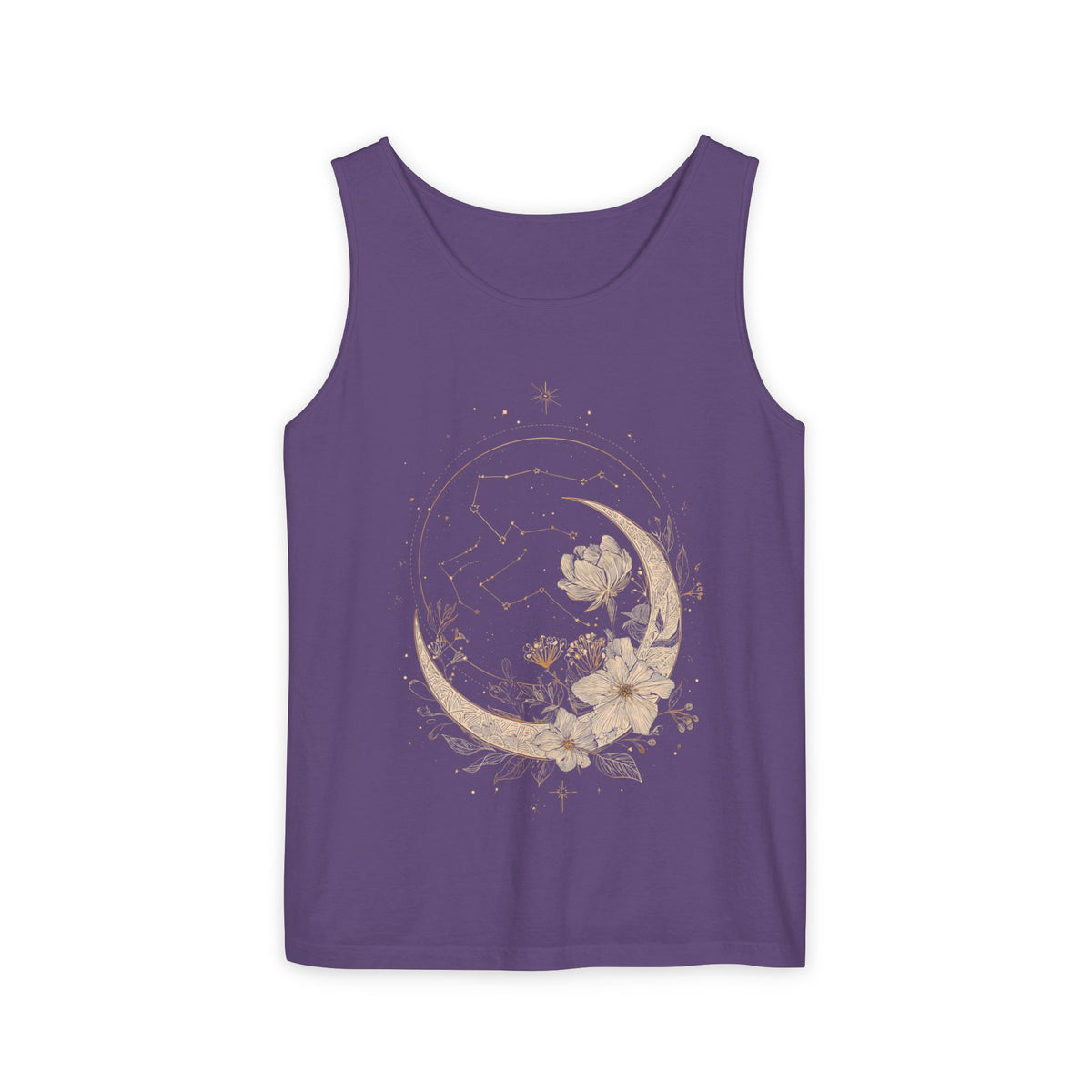 Moon & Magnolia Tank Top — Floral Crescent Moon Graphic Tank