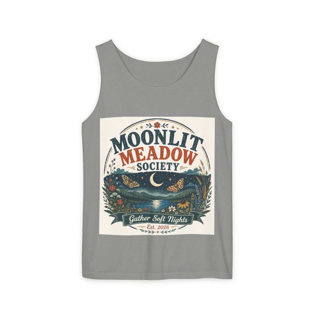 Moonlit Meadow Society Tank Top — Vintage Nightscape Graphic Tank