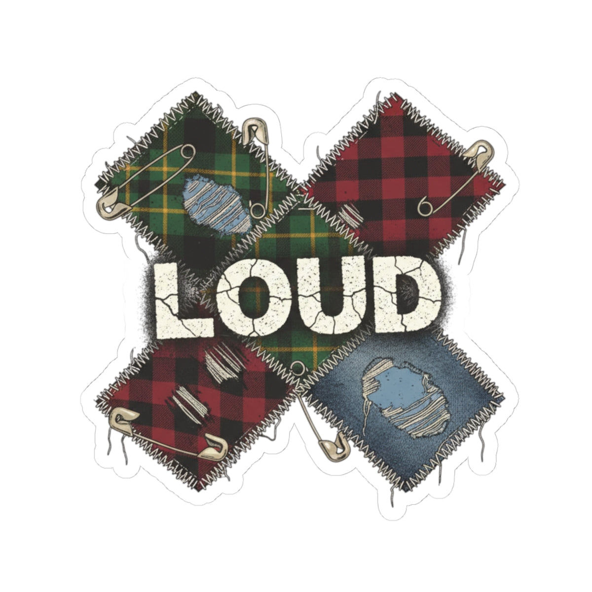 Plaid Patchwork "LOUD" Sticker | Grunge Revival, 90s Flannel Aesthetic