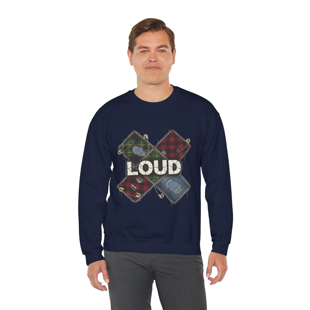 Plaid Patchwork LOUD Sweatshirt | grunge shirt, 90s rock revival