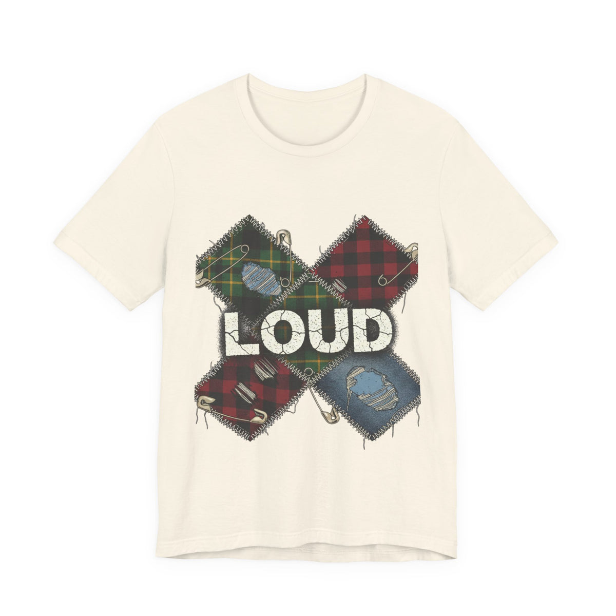 Plaid Patchwork "LOUD" Tee, grunge shirt | 90s rock revival