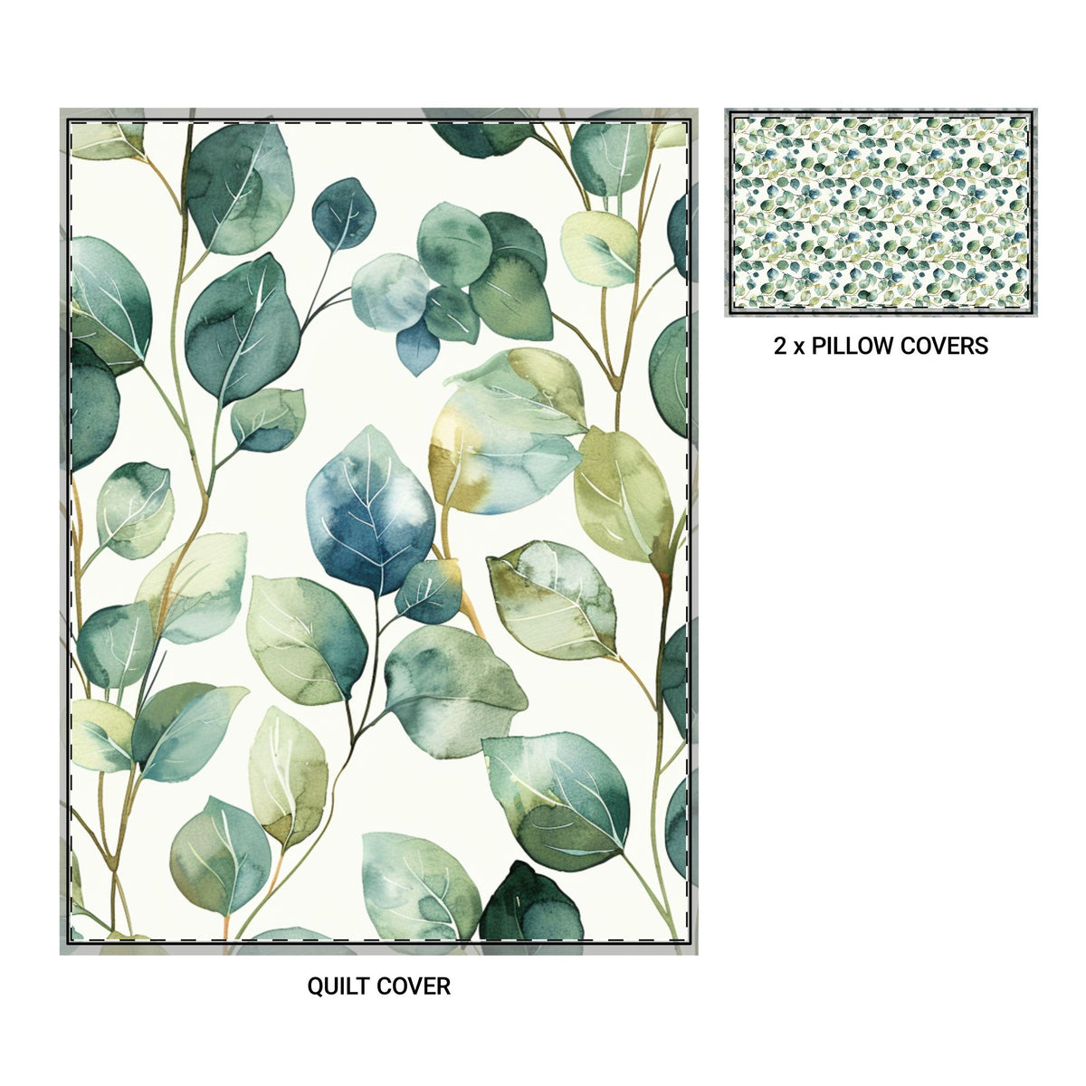 Botanical Leaf Quilt Cover Set — 3-Piece Duvet + 2 Pillowcases, Green Watercolor Eucalyptus Bedding