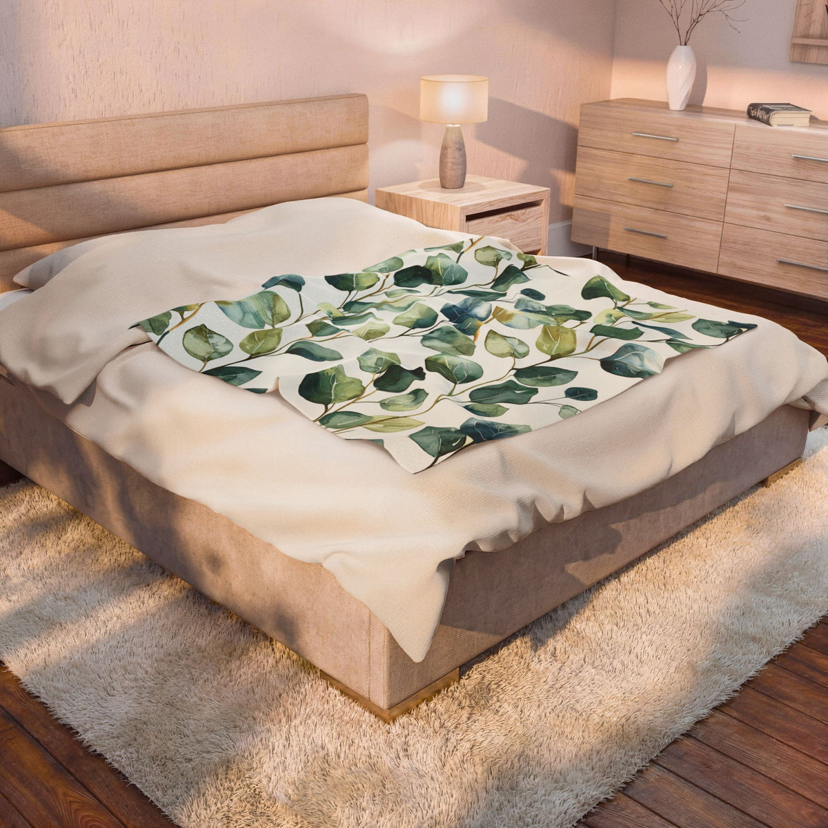 Botanical Eucalyptus Velveteen Plush Blanket — Soft Green Leaf Throw