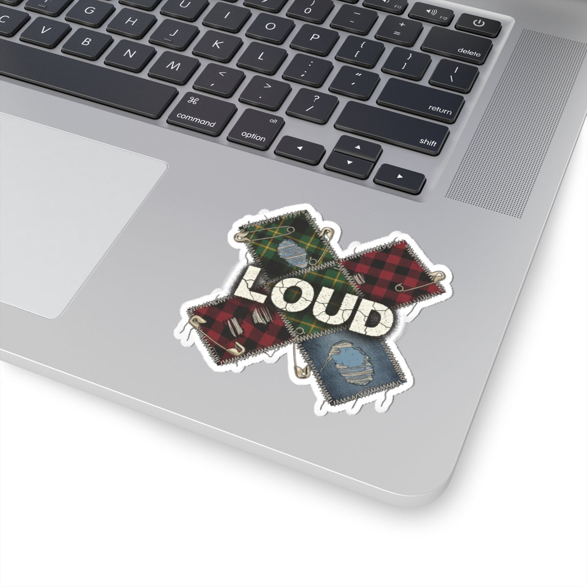 Plaid Patchwork "LOUD" Sticker | Grunge Revival, 90s Flannel Aesthetic