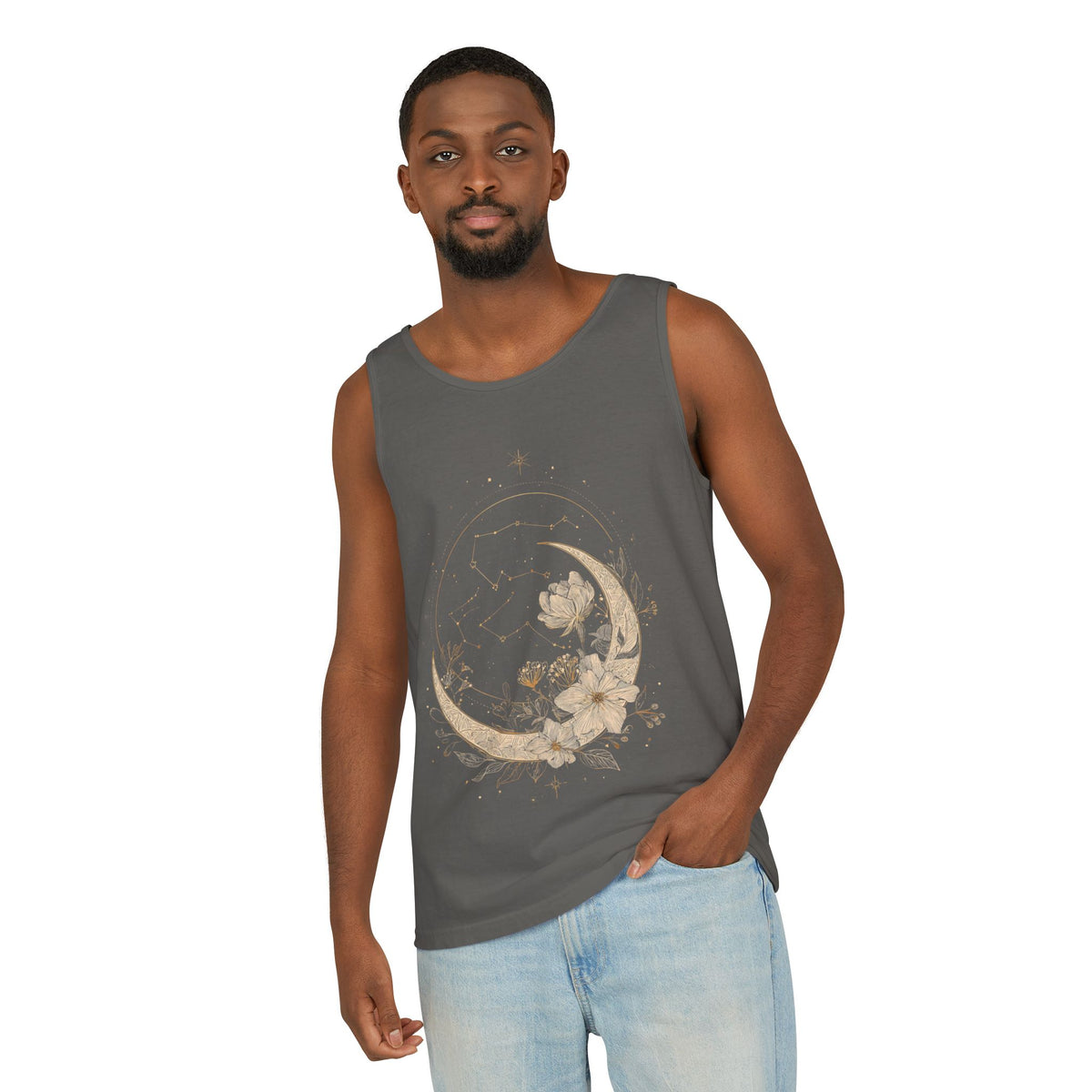 Moon & Magnolia Tank Top — Floral Crescent Moon Graphic Tank