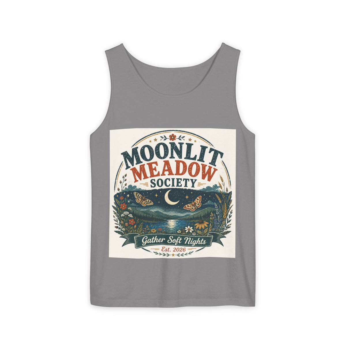 Moonlit Meadow Society Tank Top — Vintage Nightscape Graphic Tank