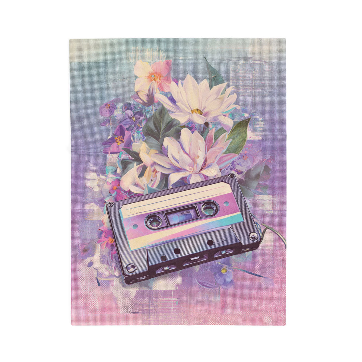 Vintage Cassette Floral Velveteen Plush Blanket — Retro Tape & Pastel Flowers Throw