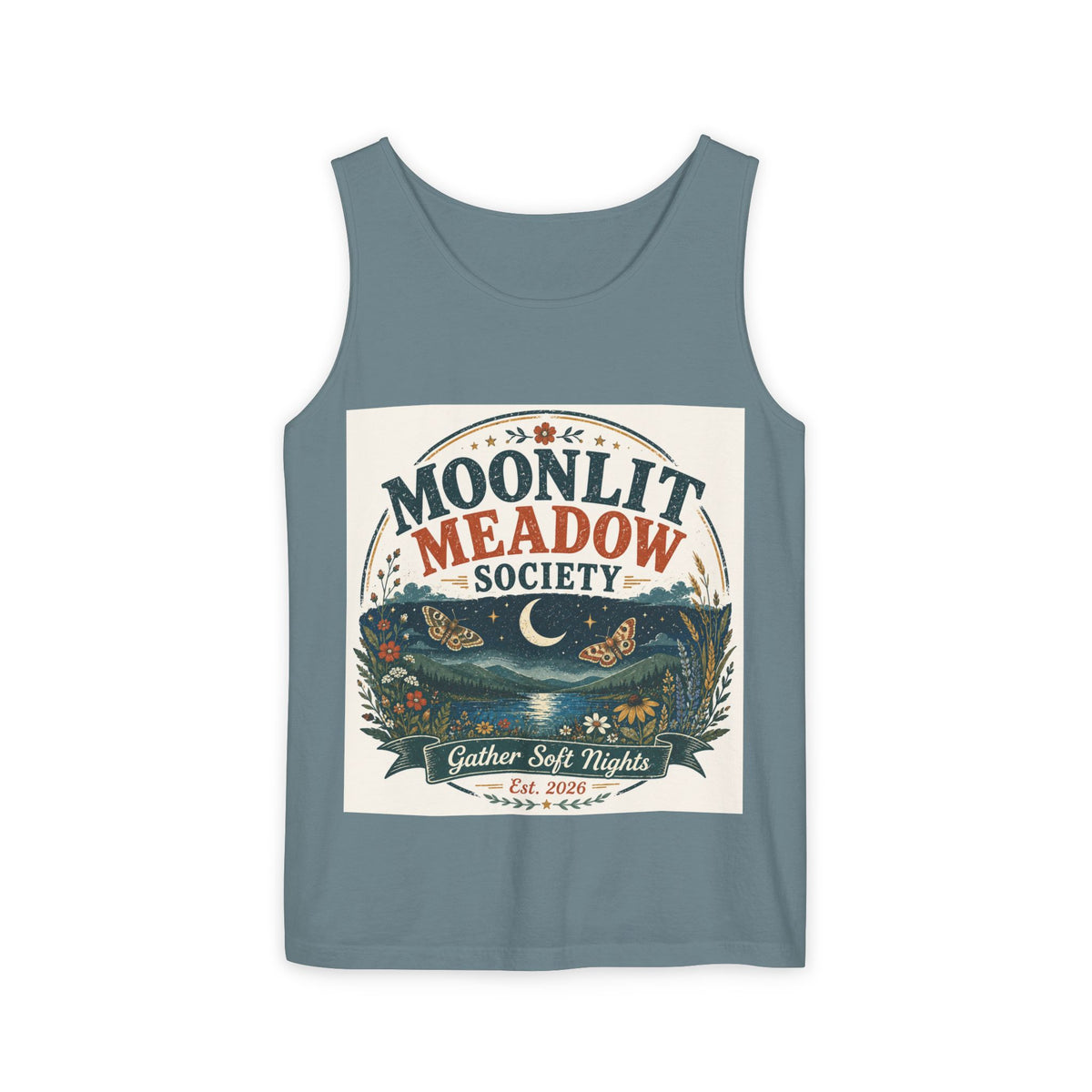 Moonlit Meadow Society Tank Top — Vintage Nightscape Graphic Tank