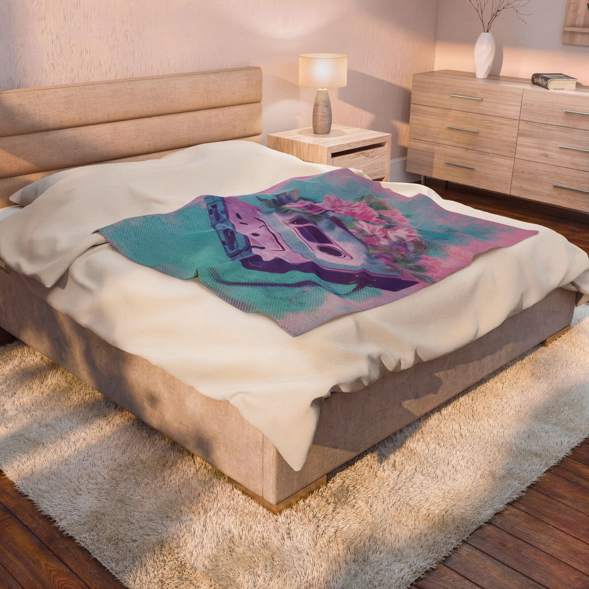 Retro Cassette & Flowers Velveteen Plush Blanket — Vintage Vaporwave Throw
