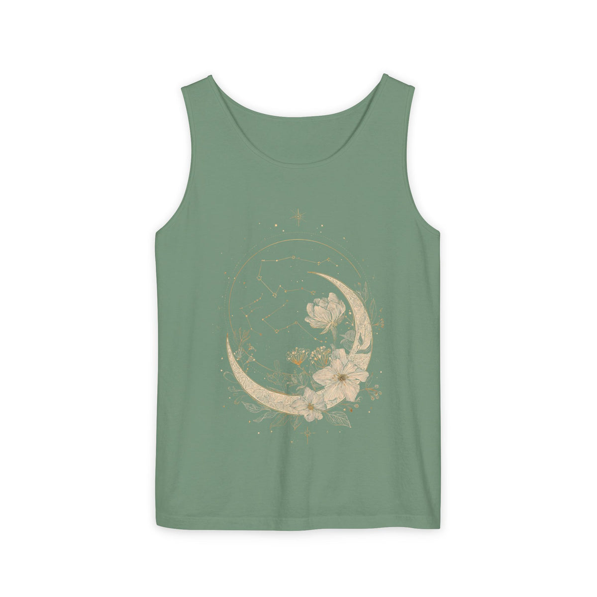 Moon & Magnolia Tank Top — Floral Crescent Moon Graphic Tank