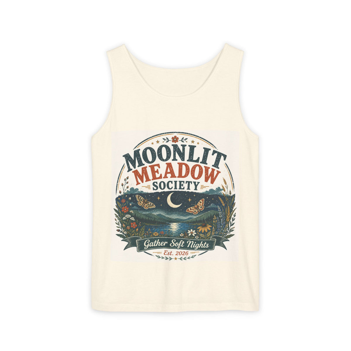 Moonlit Meadow Society Tank Top — Vintage Nightscape Graphic Tank