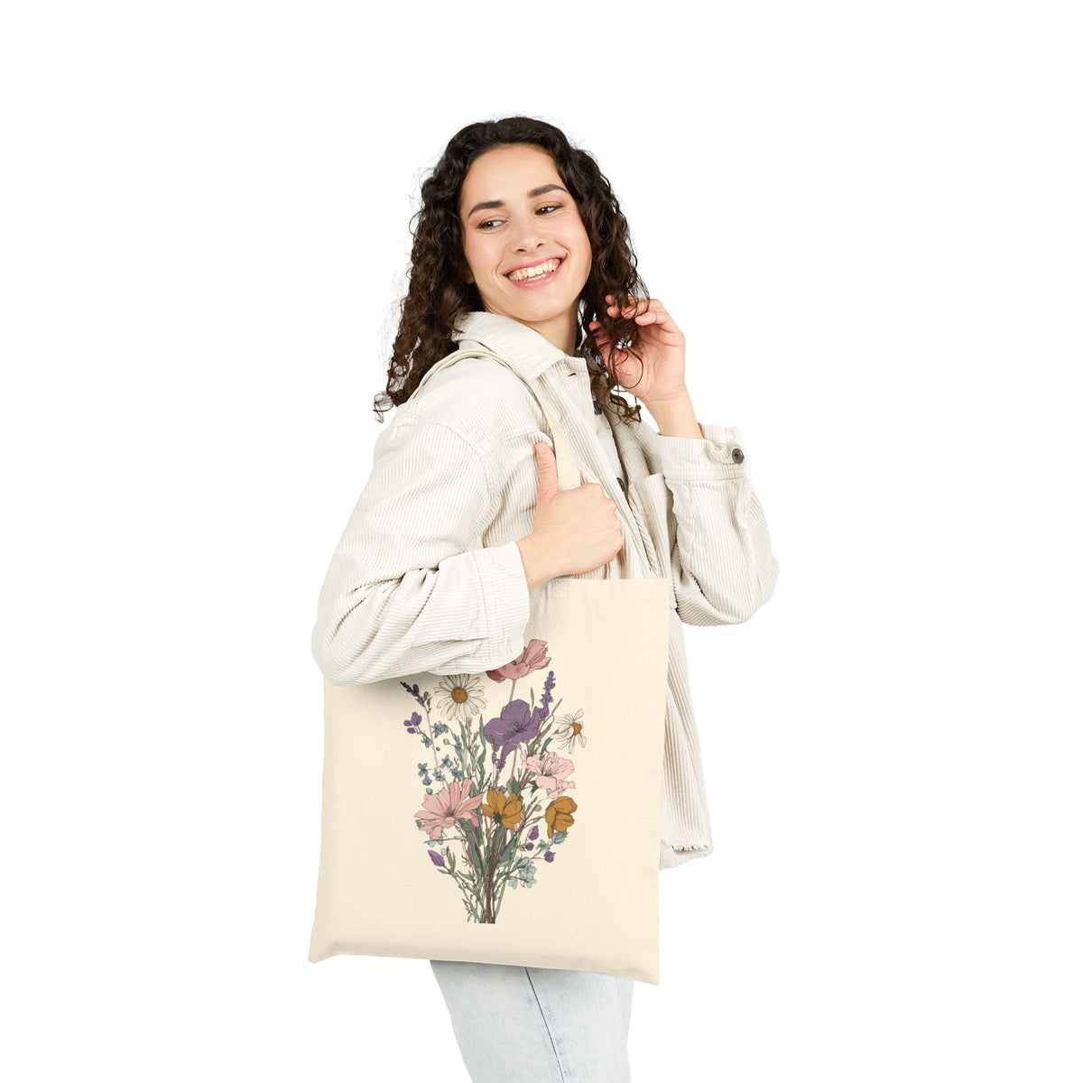 Floral Bouquet Canvas Tote — Vintage Wildflower Print Cotton Bag