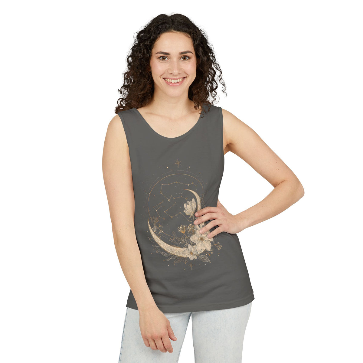 Moon & Magnolia Tank Top — Floral Crescent Moon Graphic Tank