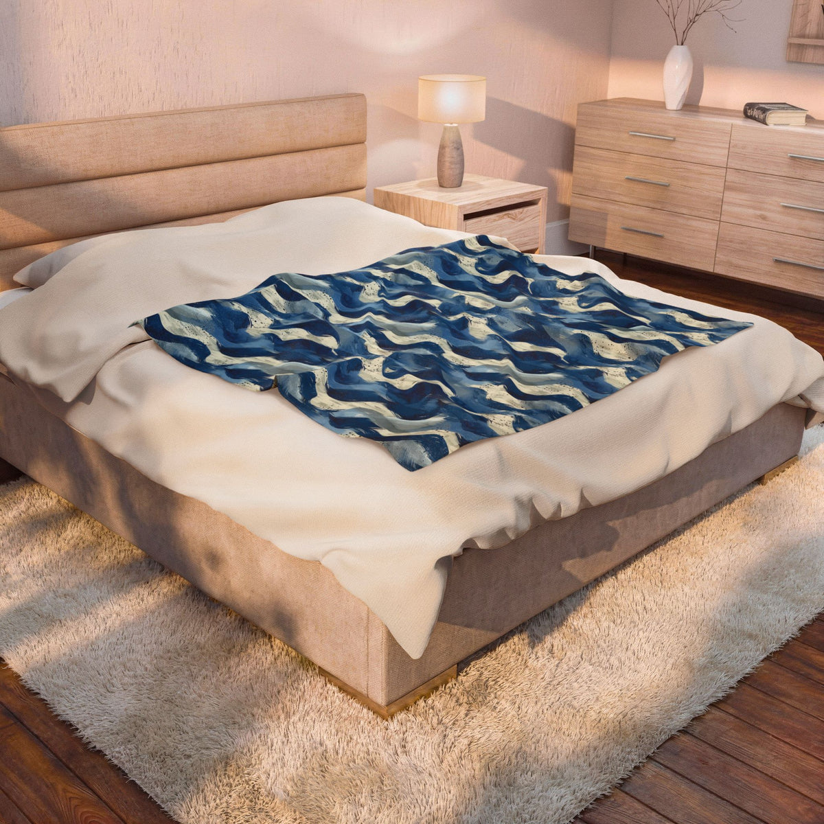 Ocean Waves Velveteen Plush Blanket — Soft Blue Nautical Throw