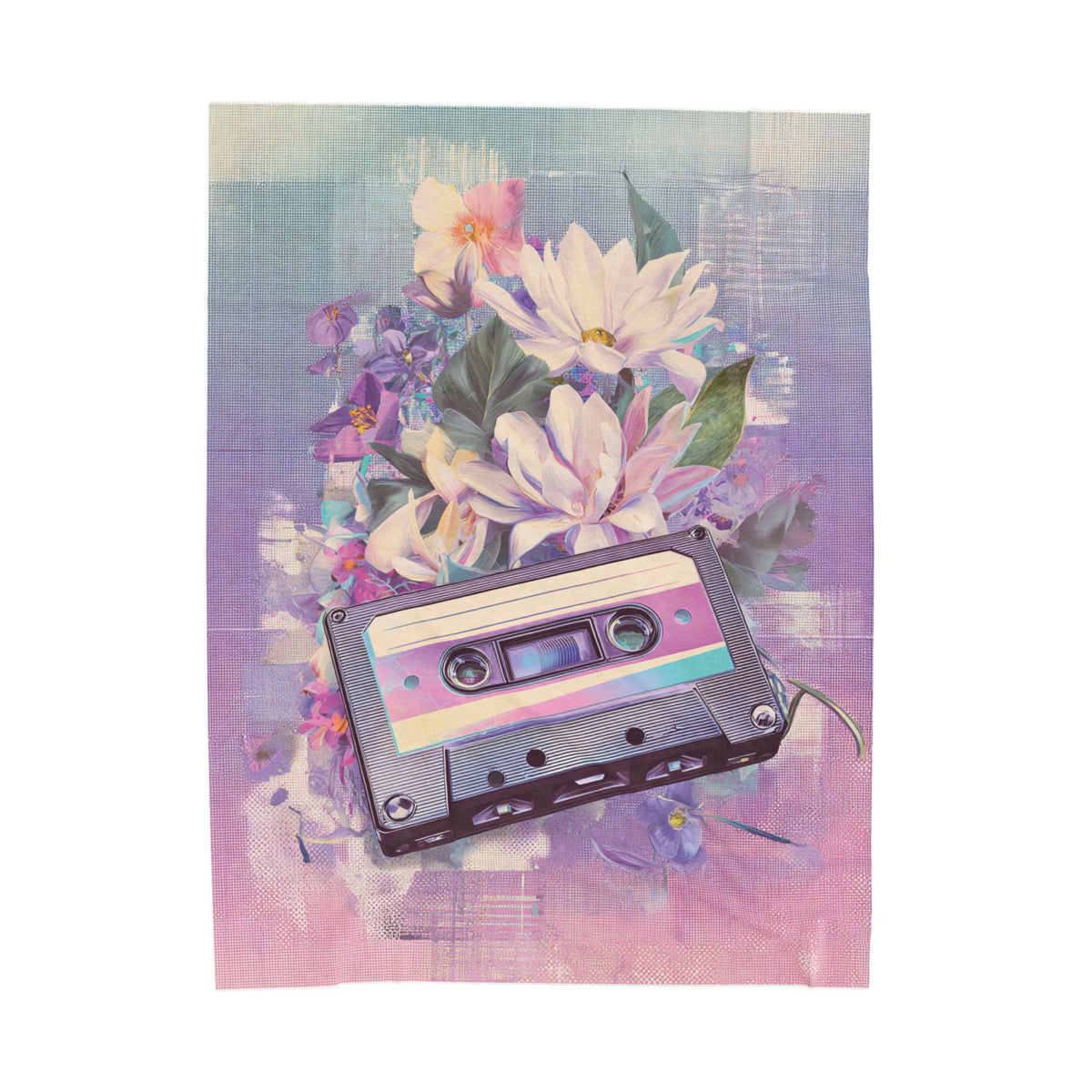Vintage Cassette Floral Velveteen Plush Blanket — Retro Tape & Pastel Flowers Throw