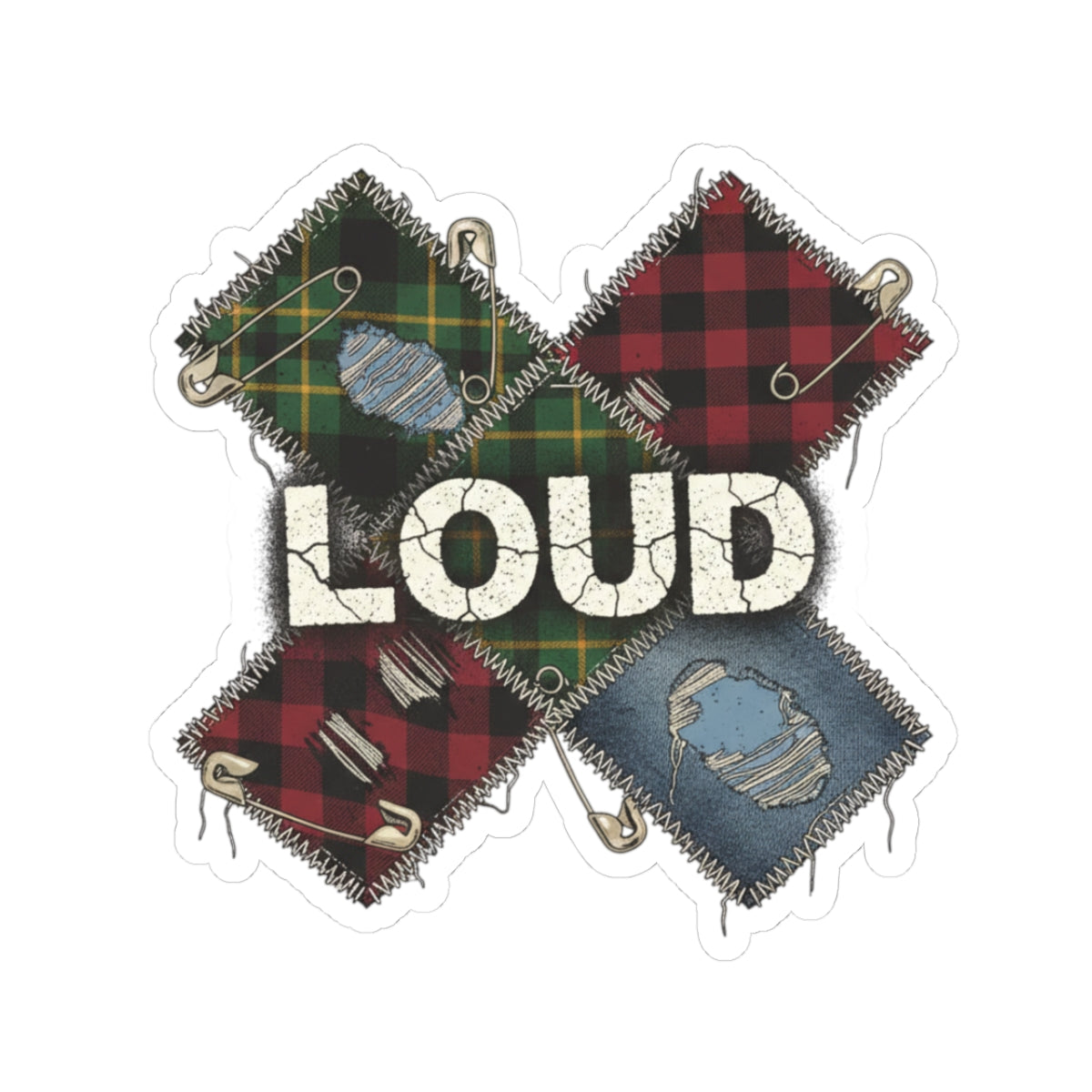 Plaid Patchwork "LOUD" Sticker | Grunge Revival, 90s Flannel Aesthetic