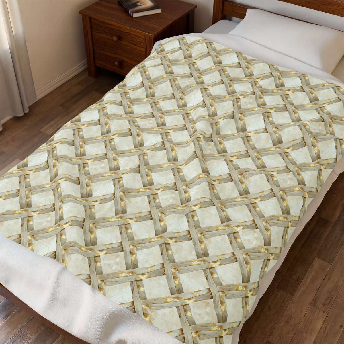 Velveteen Plush Blanket — Neutral Woven Lattice Pattern Throw