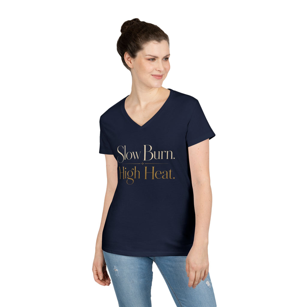 V-Neck T-Shirt — "Slow Burn. High Heat." Gold Script Ladies' Top