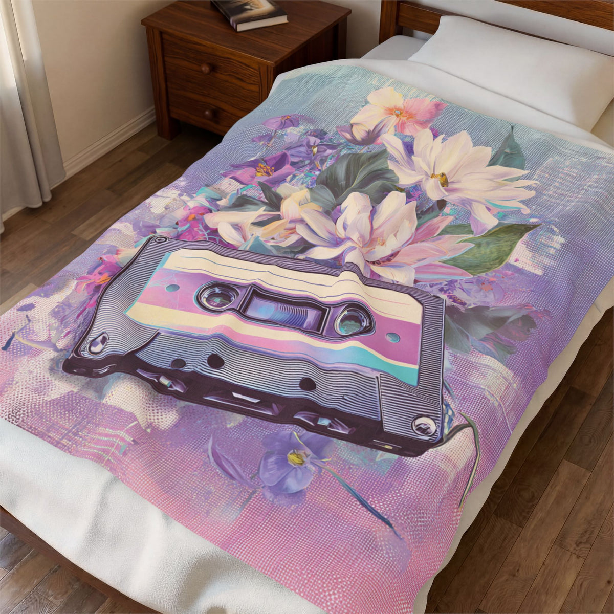 Vintage Cassette Floral Velveteen Plush Blanket — Retro Tape & Pastel Flowers Throw