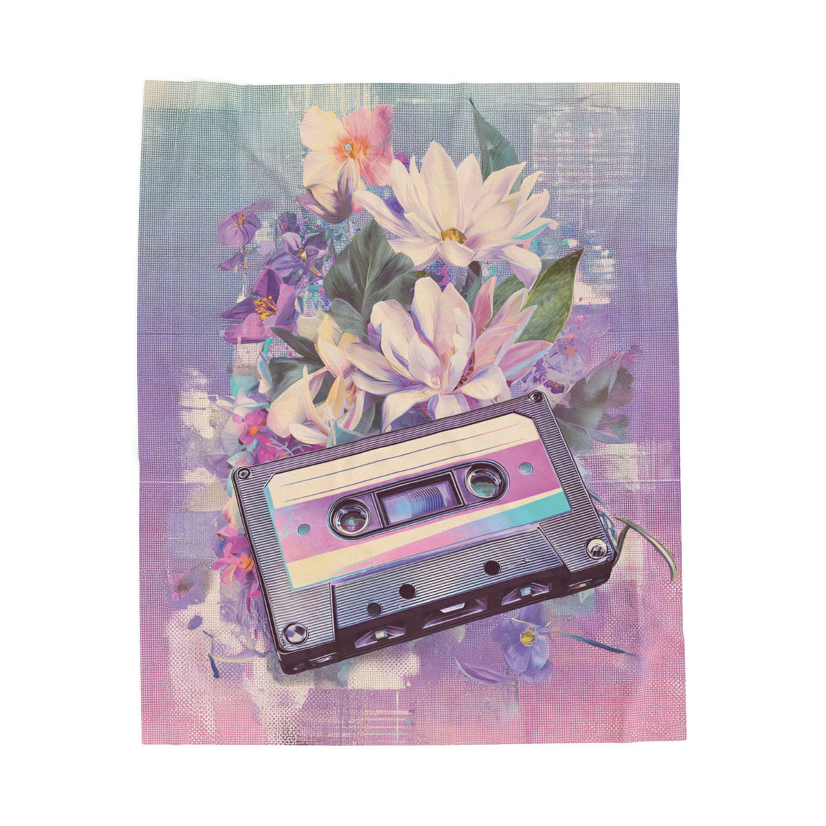 Vintage Cassette Floral Velveteen Plush Blanket — Retro Tape & Pastel Flowers Throw