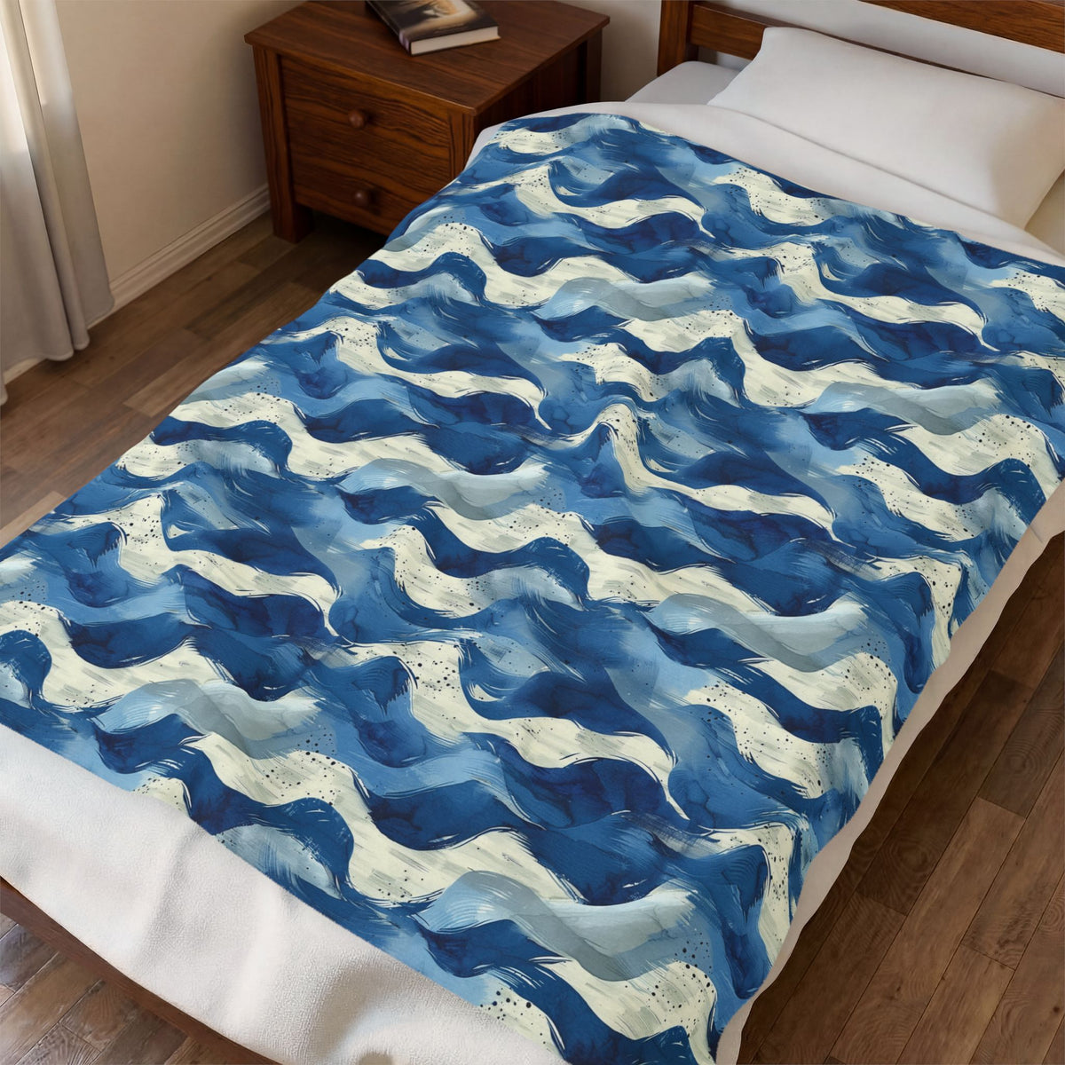 Ocean Waves Velveteen Plush Blanket — Soft Blue Nautical Throw