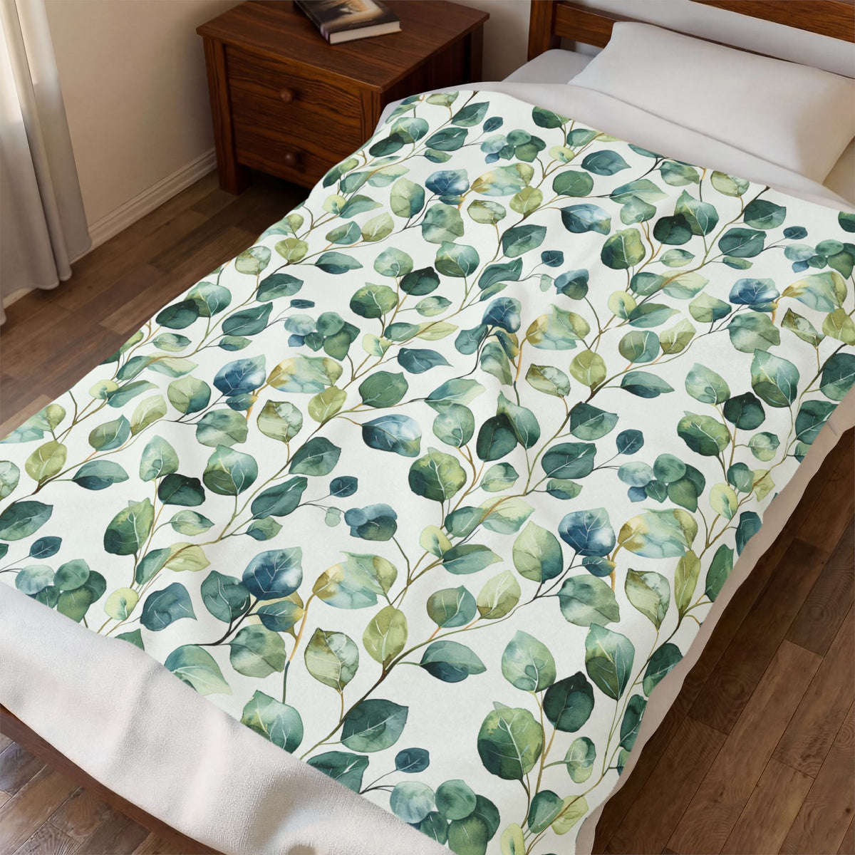 Eucalyptus Watercolor Velveteen Plush Blanket — Soft Botanical Throw