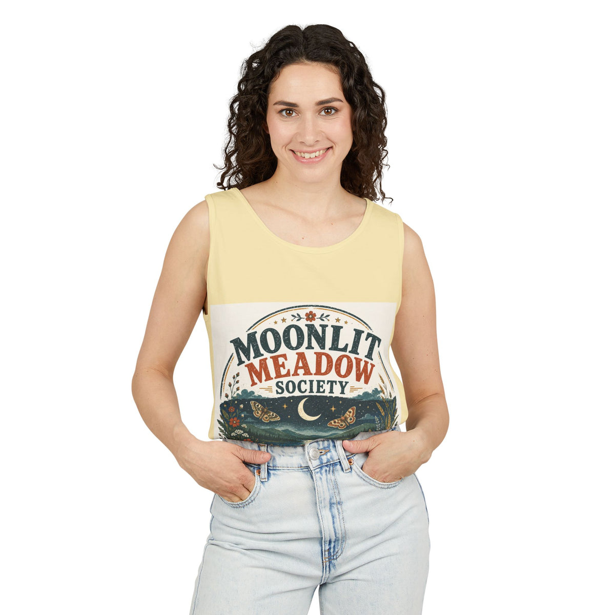 Moonlit Meadow Society Tank Top — Vintage Nightscape Graphic Tank