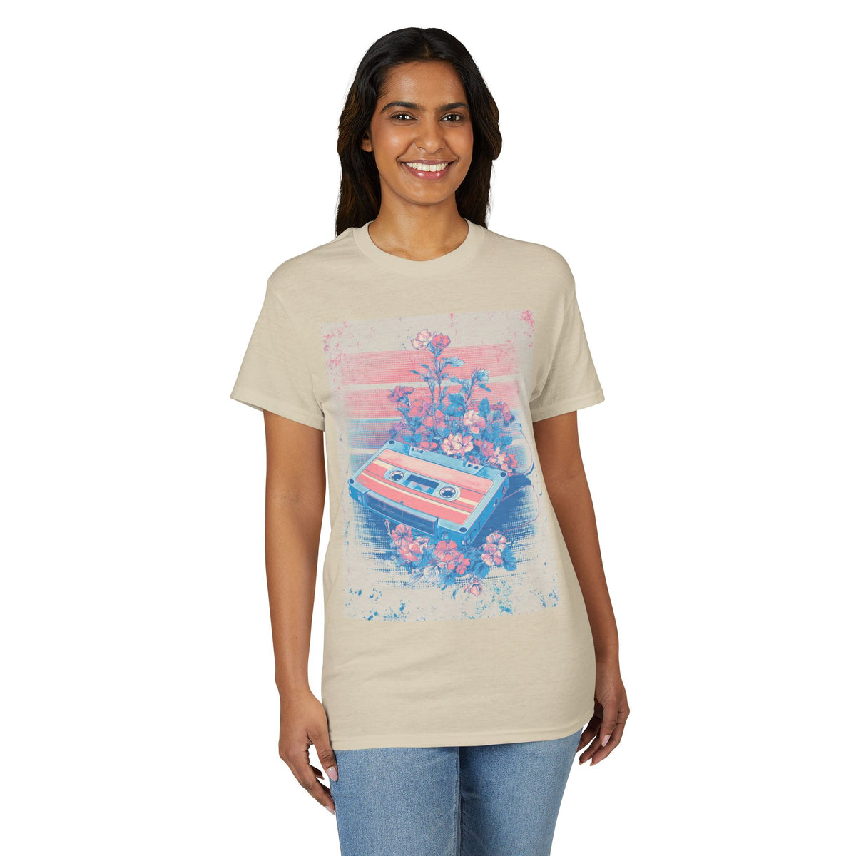 Retro Cassette & Flowers Tee — Vintage Vaporwave Music T-Shirt
