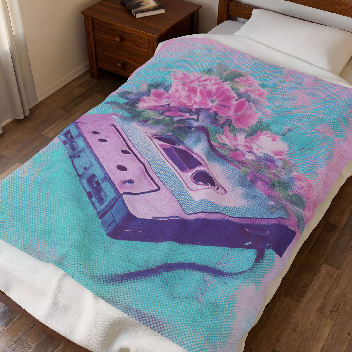 Retro Cassette & Flowers Velveteen Plush Blanket — Vintage Vaporwave Throw
