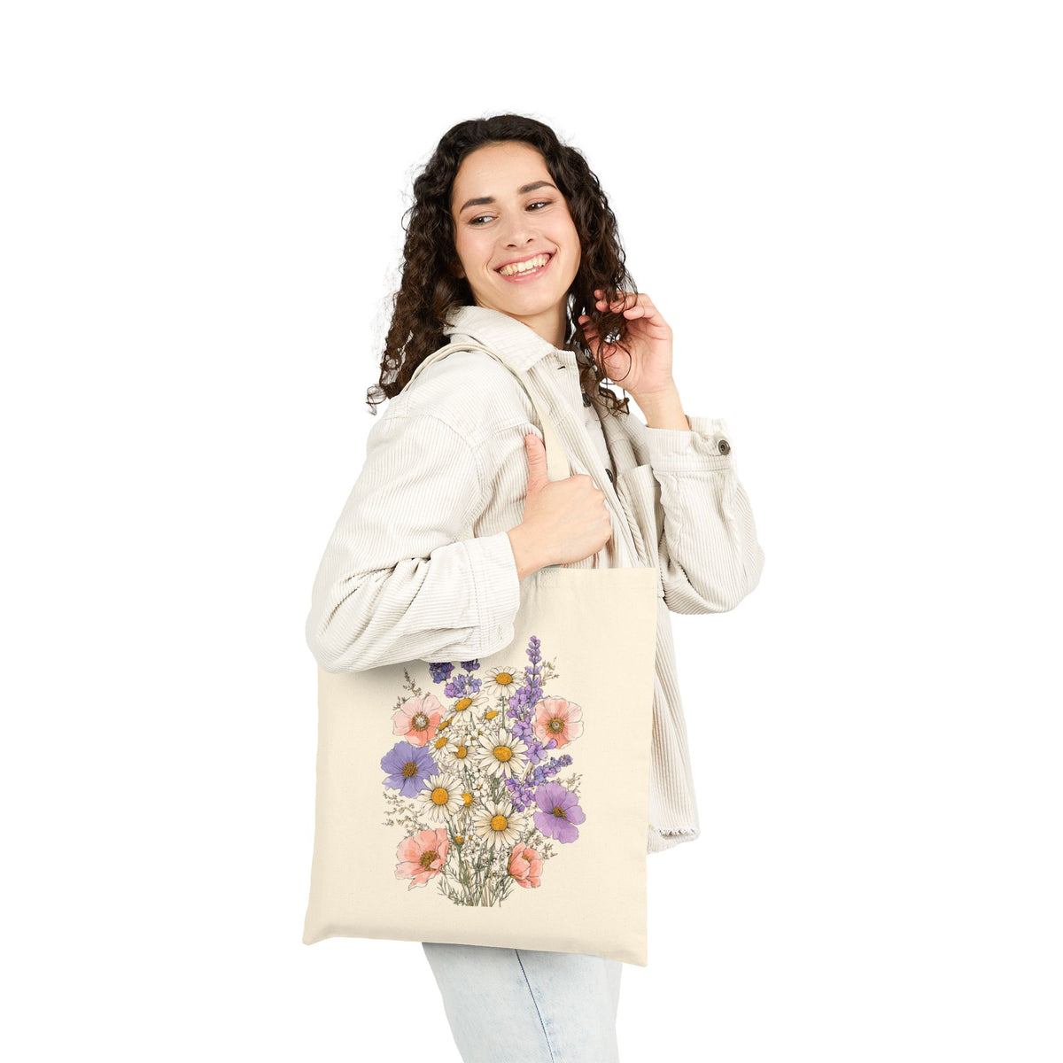 Floral Bouquet Tote Bag — Vintage Wildflower Cotton Canvas Market Tote