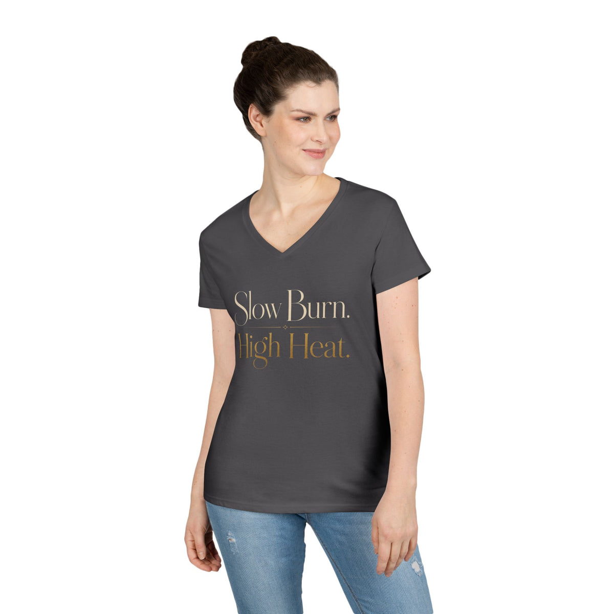 V-Neck T-Shirt — "Slow Burn. High Heat." Gold Script Ladies' Top