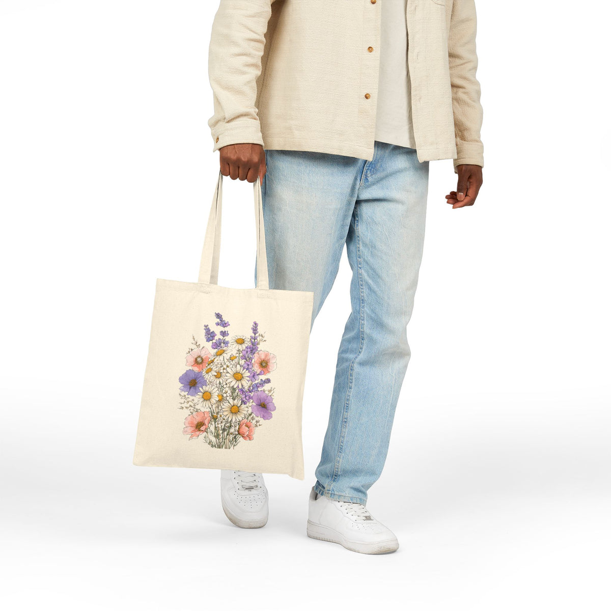 Floral Bouquet Tote Bag — Vintage Wildflower Cotton Canvas Market Tote
