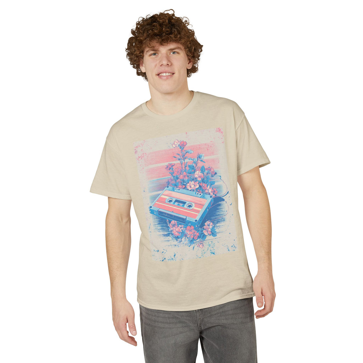 Retro Cassette & Flowers Tee — Vintage Vaporwave Music T-Shirt
