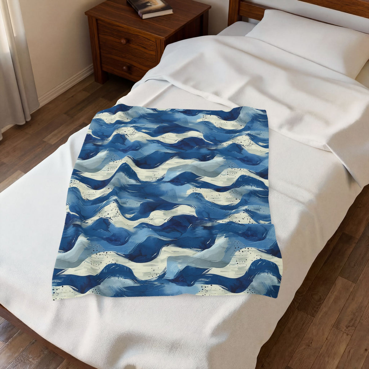 Blue Wave Velveteen Plush Blanket — Soft Coastal Abstract Throw