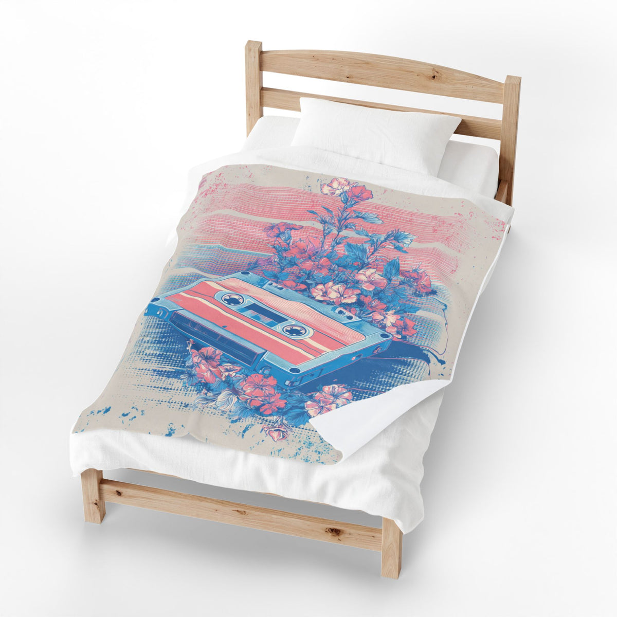 Retro Cassette Floral Velveteen Plush Blanket — Vintage Tape & Bloom Throw