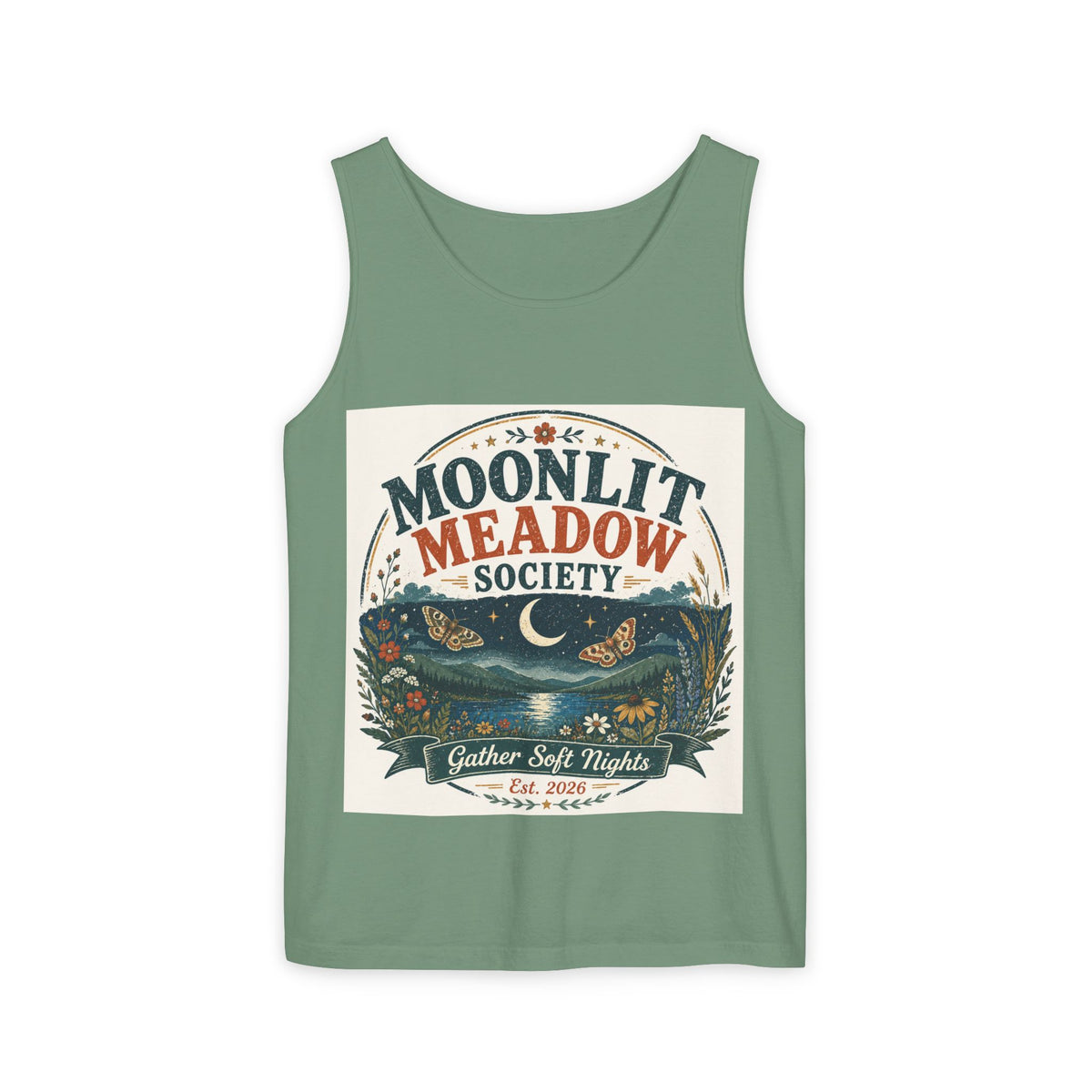 Moonlit Meadow Society Tank Top — Vintage Nightscape Graphic Tank
