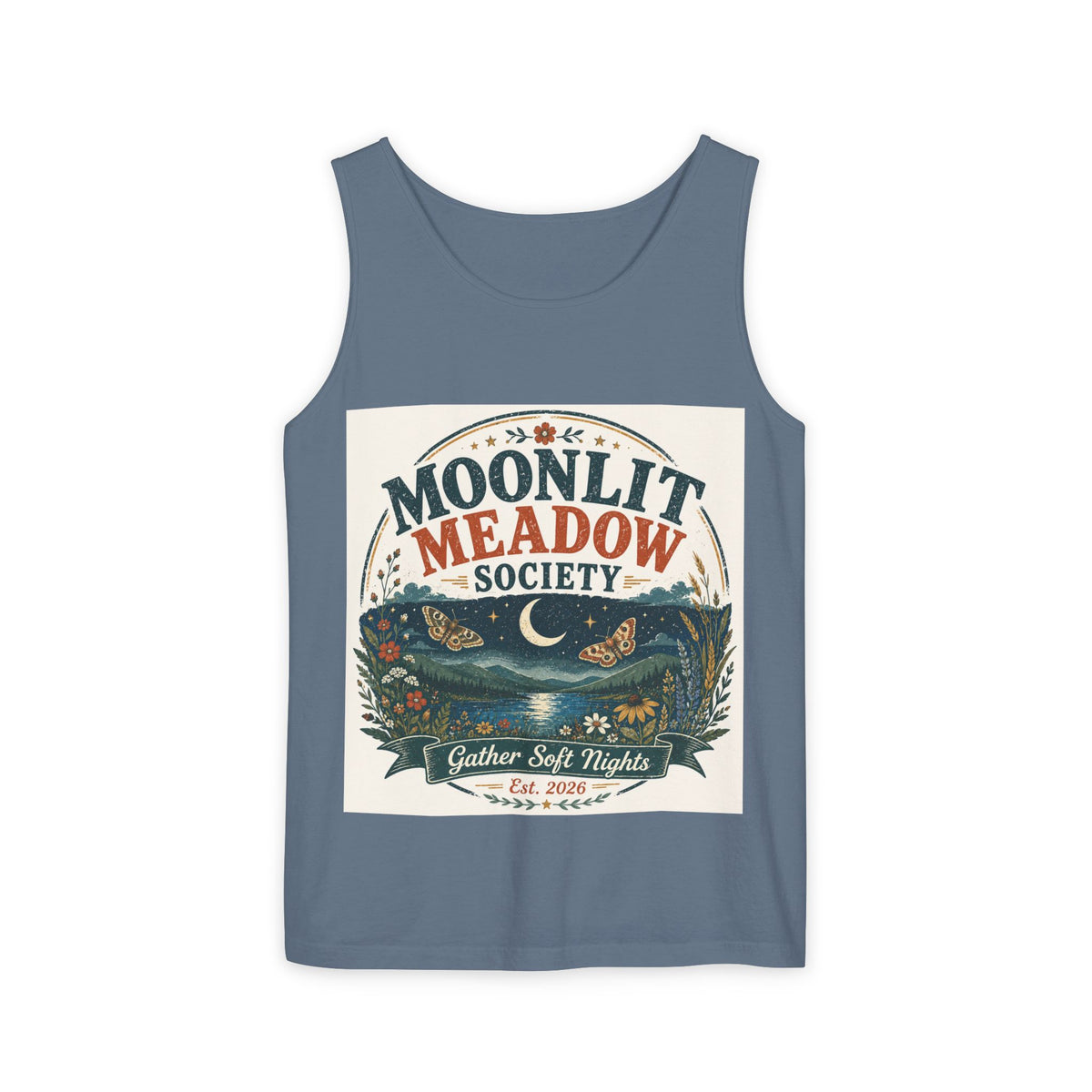 Moonlit Meadow Society Tank Top — Vintage Nightscape Graphic Tank