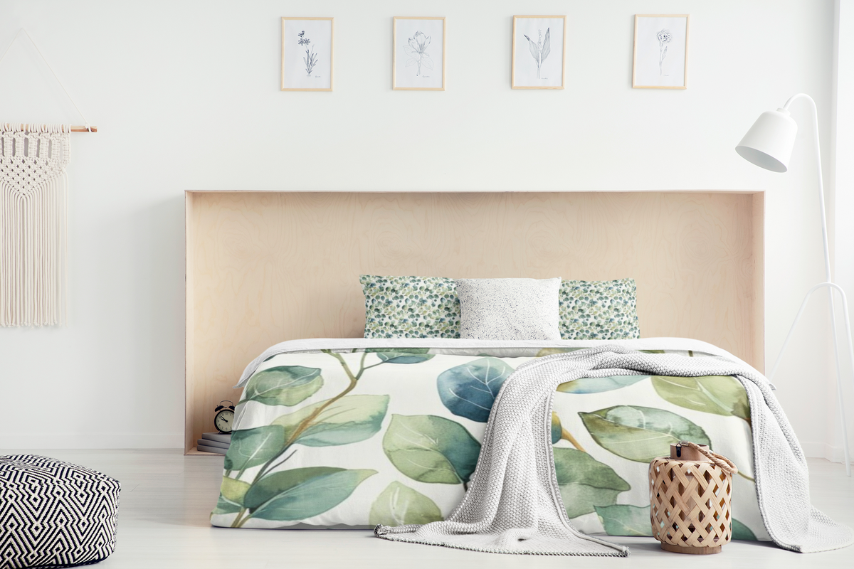 Botanical Leaf Quilt Cover Set — 3-Piece Duvet + 2 Pillowcases, Green Watercolor Eucalyptus Bedding