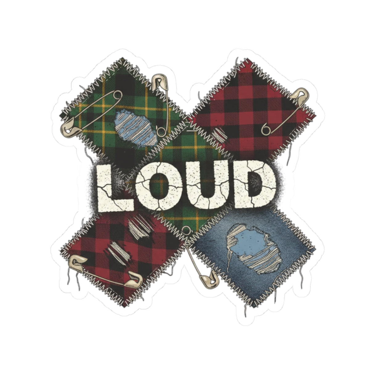 Plaid Patchwork "LOUD" Sticker | Grunge Revival, 90s Flannel Aesthetic