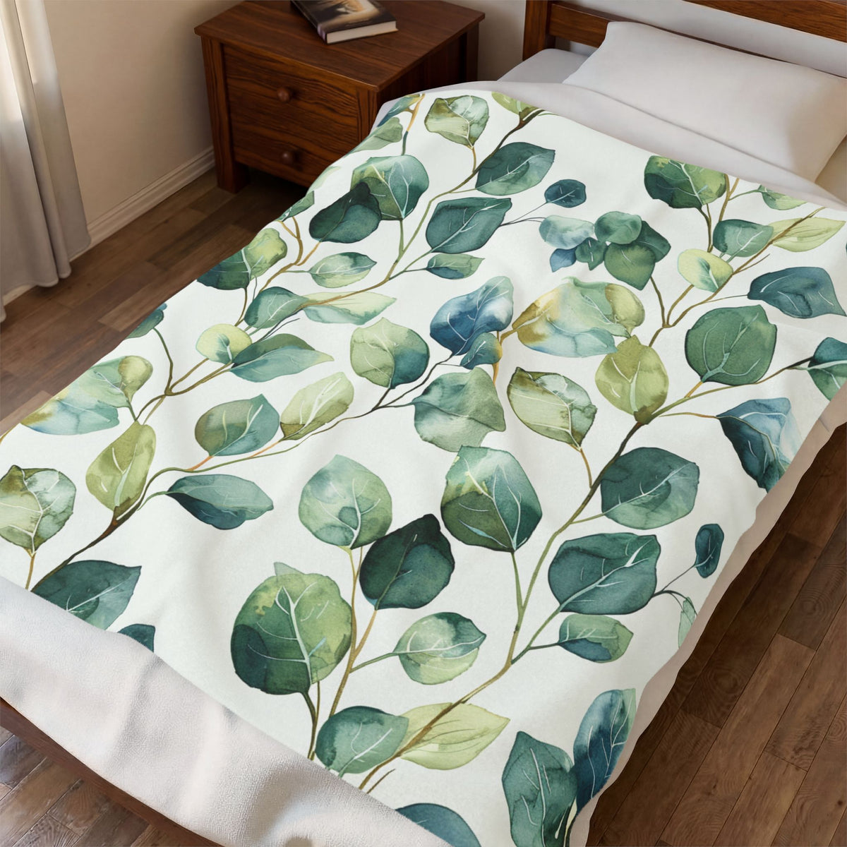 Botanical Eucalyptus Velveteen Plush Blanket — Soft Green Leaf Throw