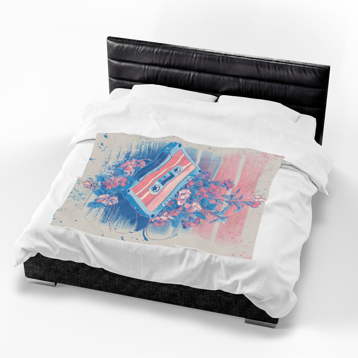 Retro Cassette Floral Velveteen Plush Blanket — Vintage Tape & Bloom Throw