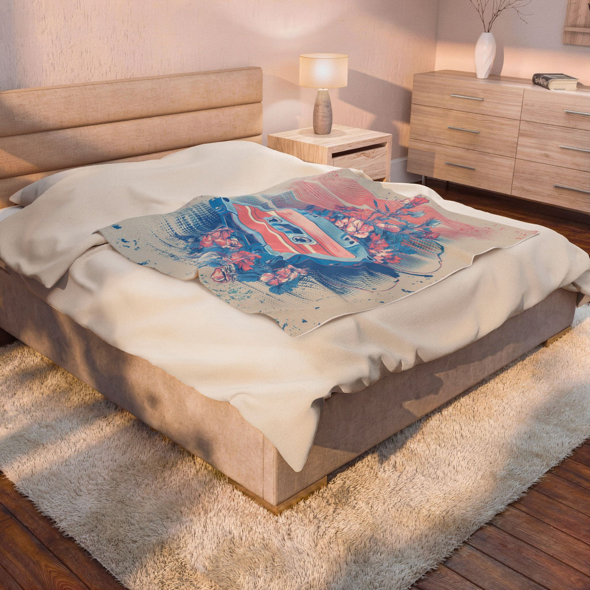 Retro Cassette Floral Velveteen Plush Blanket — Vintage Tape & Bloom Throw