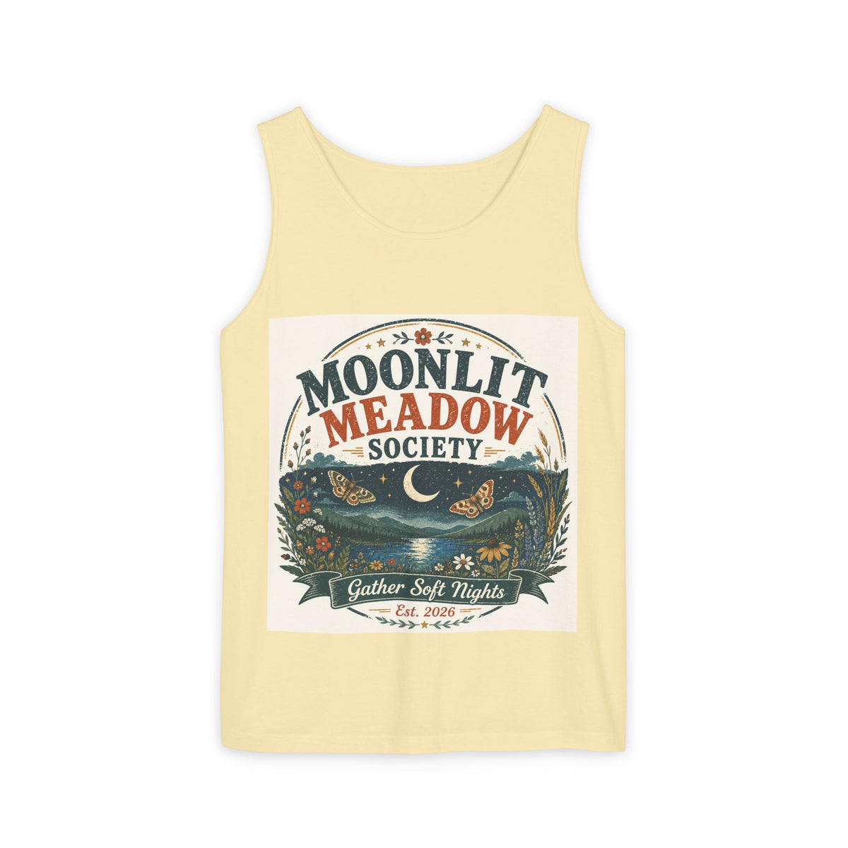 Moonlit Meadow Society Tank Top — Vintage Nightscape Graphic Tank