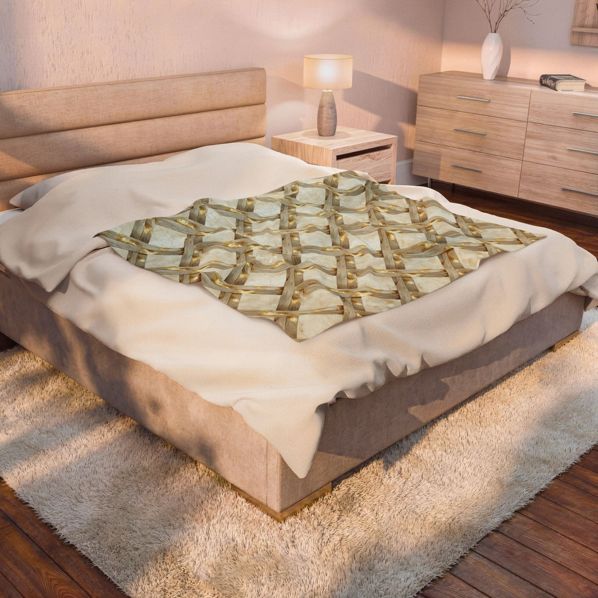 Velveteen Plush Blanket - Neutral Woven Lattice Pattern Cozy Soft Throw