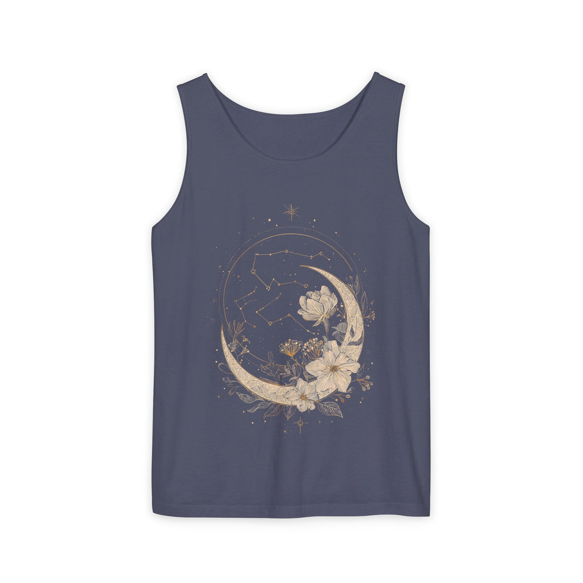 Moon & Magnolia Tank Top — Floral Crescent Moon Graphic Tank