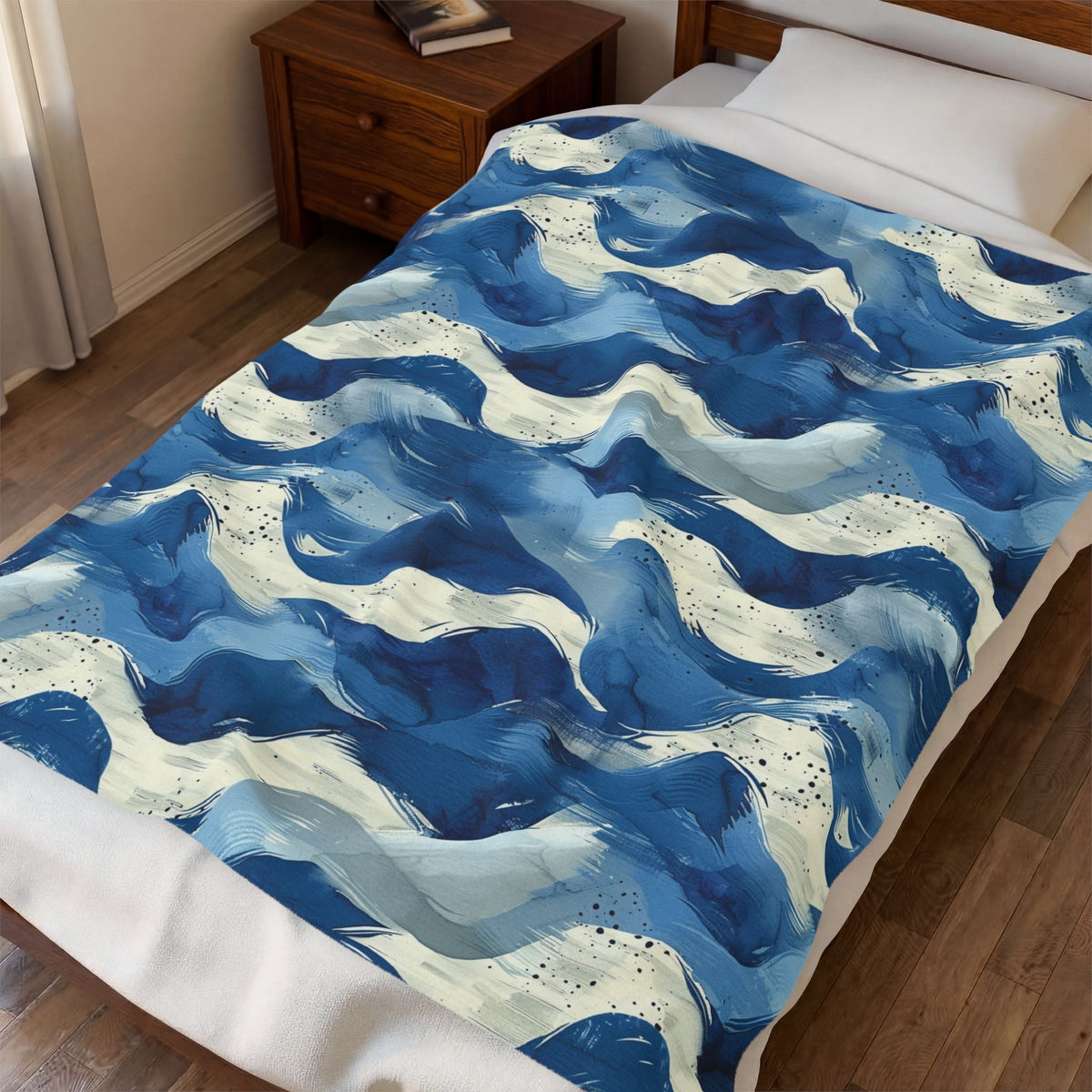 Blue Wave Velveteen Plush Blanket — Soft Coastal Abstract Throw