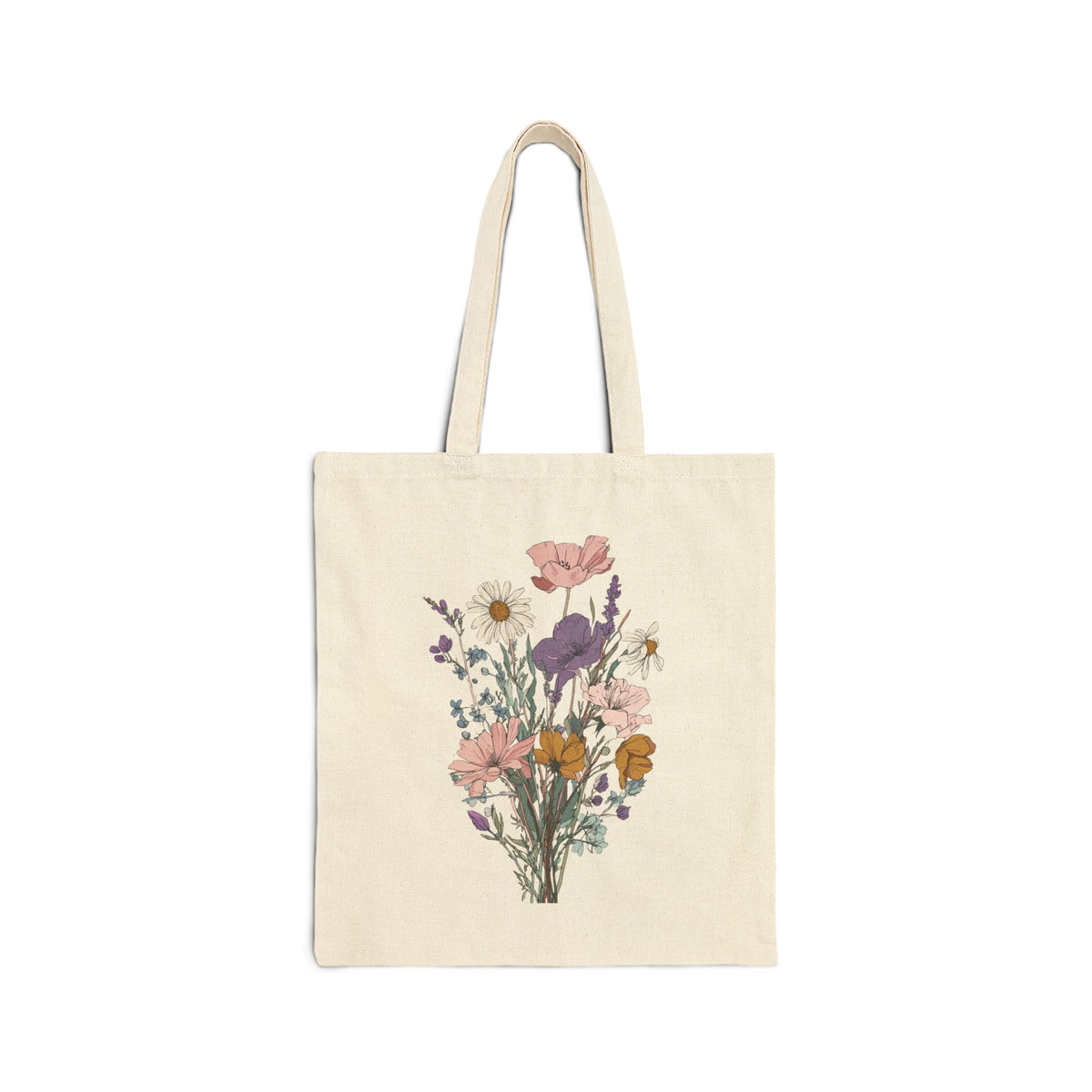 Floral Bouquet Canvas Tote — Vintage Wildflower Print Cotton Bag