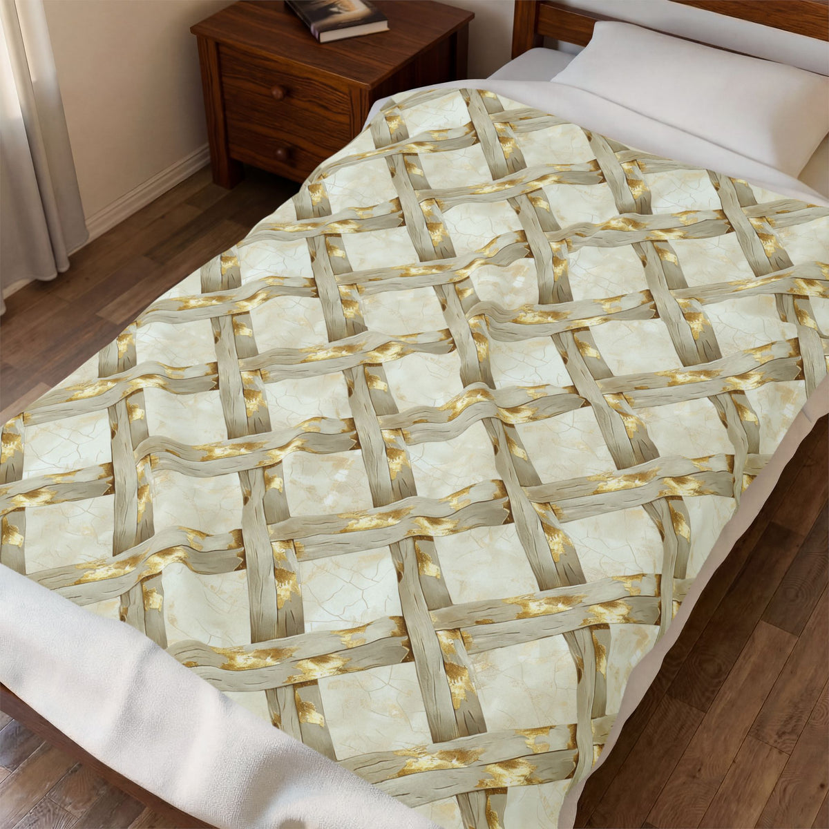 Velveteen Plush Blanket - Neutral Woven Lattice Pattern Cozy Soft Throw