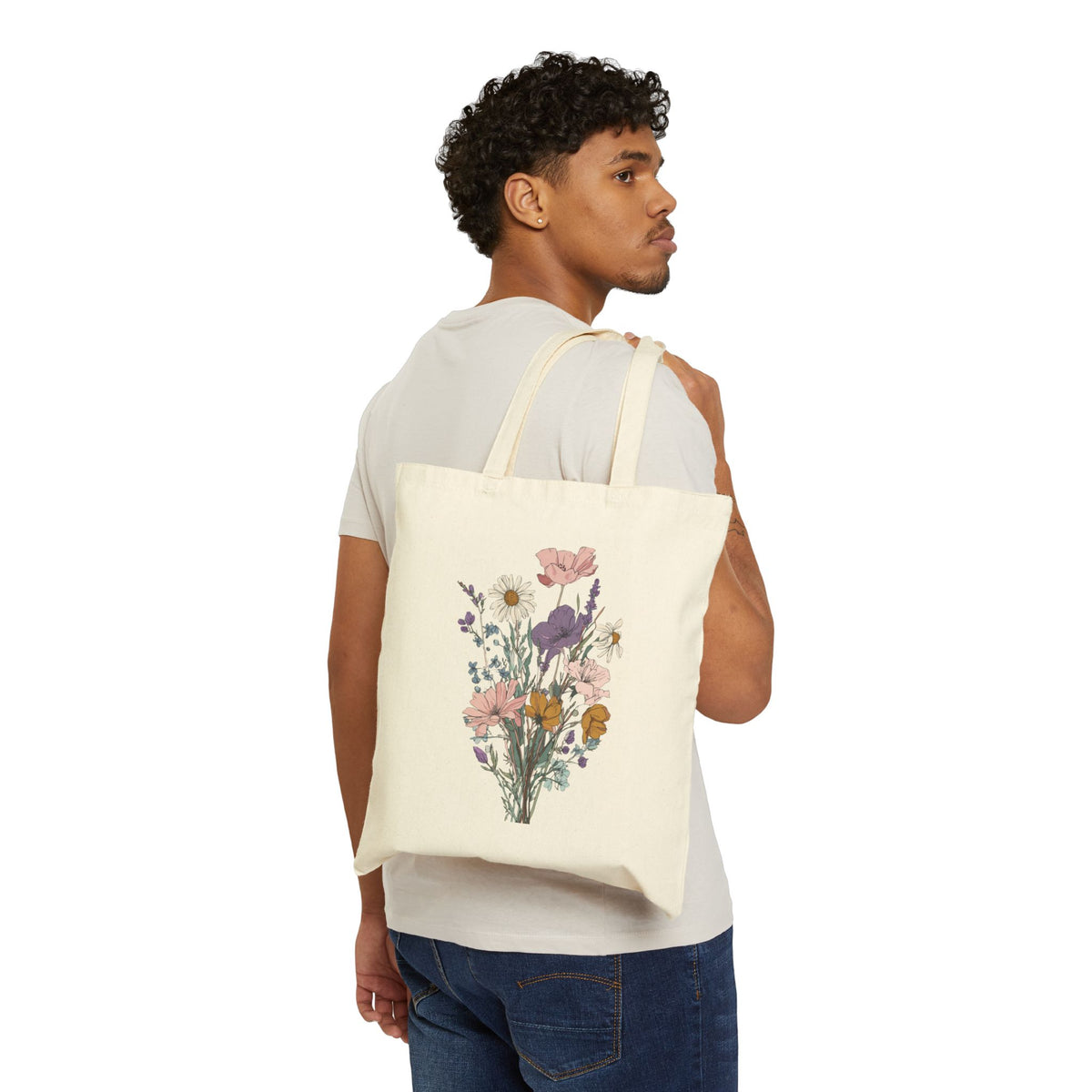 Floral Bouquet Canvas Tote — Vintage Wildflower Print Cotton Bag