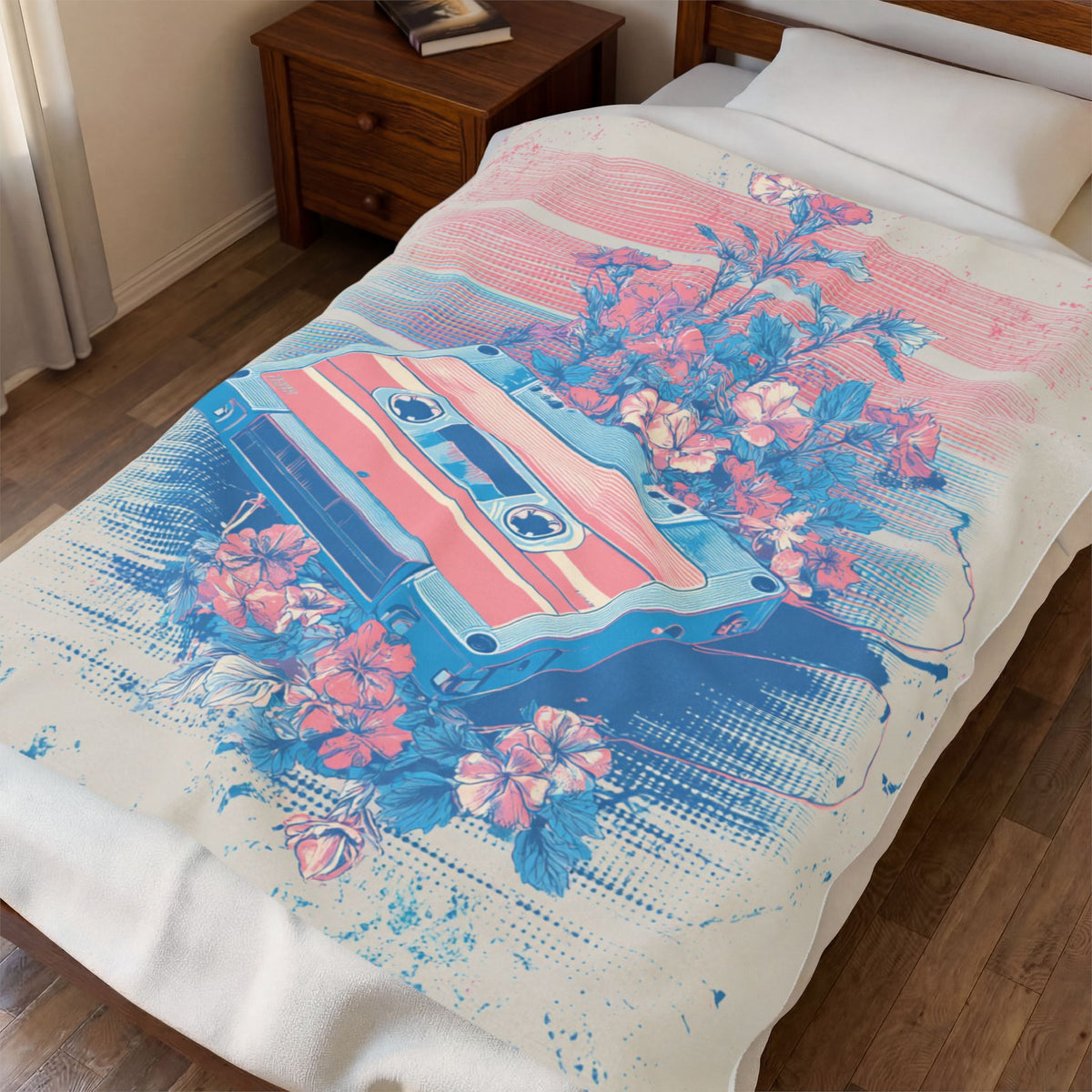 Retro Cassette Floral Velveteen Plush Blanket — Vintage Tape & Bloom Throw